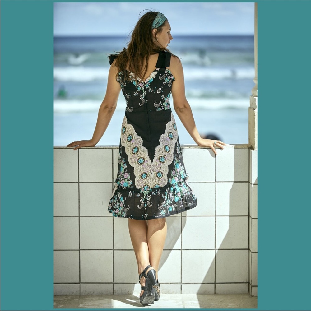 Floral Print Ruffle Black Blue Midi Dress - Picture 4 of 5